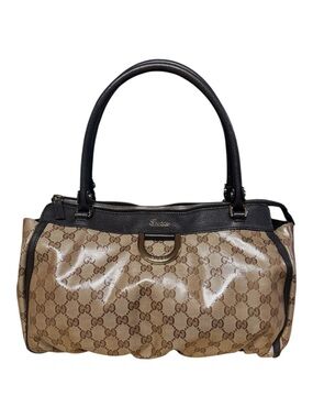 GUCCI Authentic GG Abbey Coated Canvas Tote Bag Leather Trim Handbag Brown COA